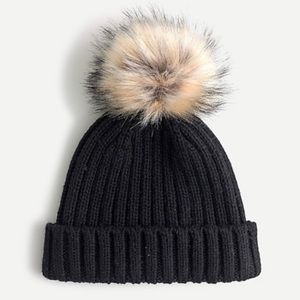EUC J. Crew ribbed beanie faux fur pom pom black winter lambswool cashmere H3198